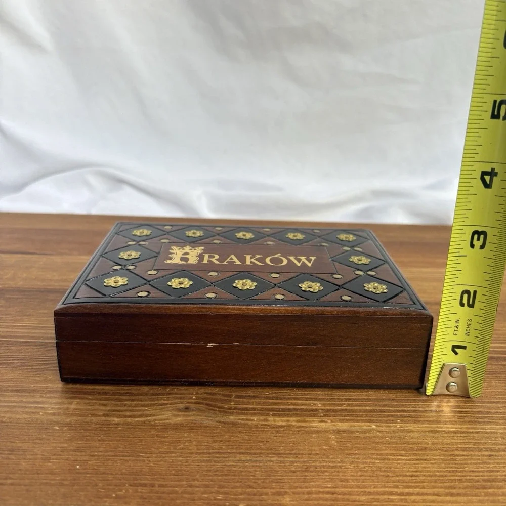 Vintage Kraków Poland Wooden Trinket Jewelry Box Gold Tone Metal Accent Souvenir